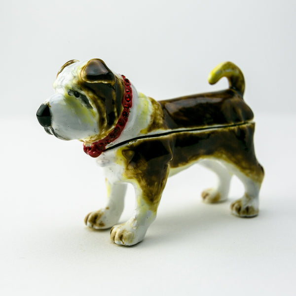 Side view of realistic French Bulldog plush toy with red collar