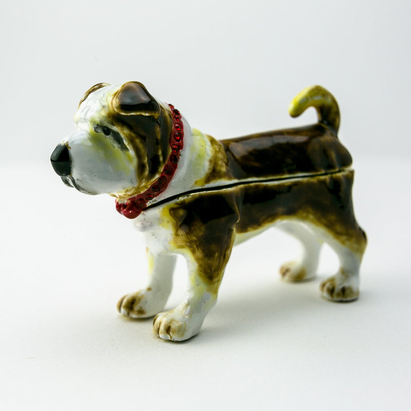 Side view of realistic French Bulldog plush toy with red collar