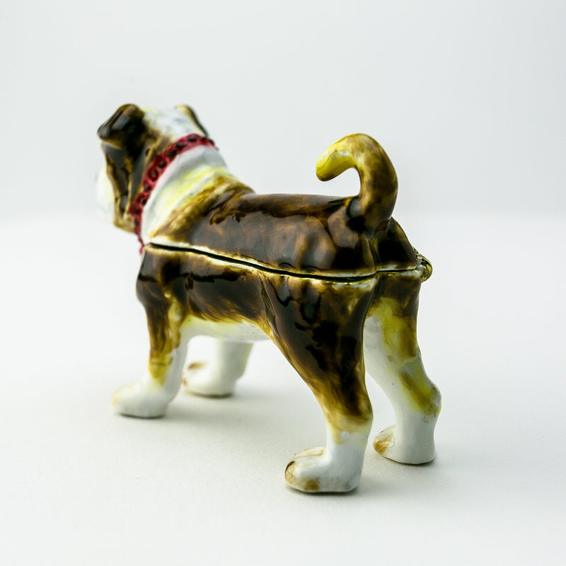 Angled perspective of plush French Bulldog dog toy showing body and tail
