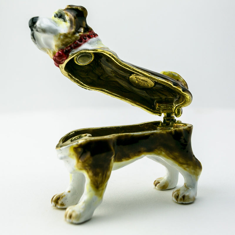 French Bulldog figurine with liftable top showing hidden storage compartment