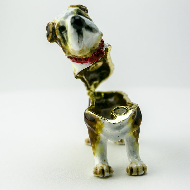 Rear view of plush French Bulldog stuffed toy with curled tail