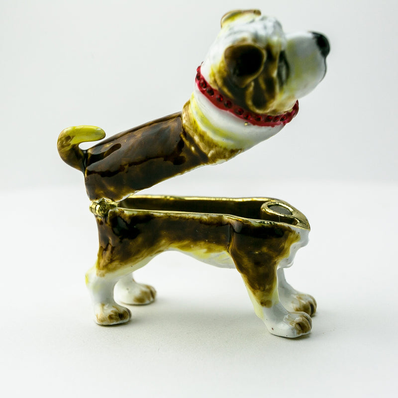 Side view of French Bulldog toy with top half open for trinket storage