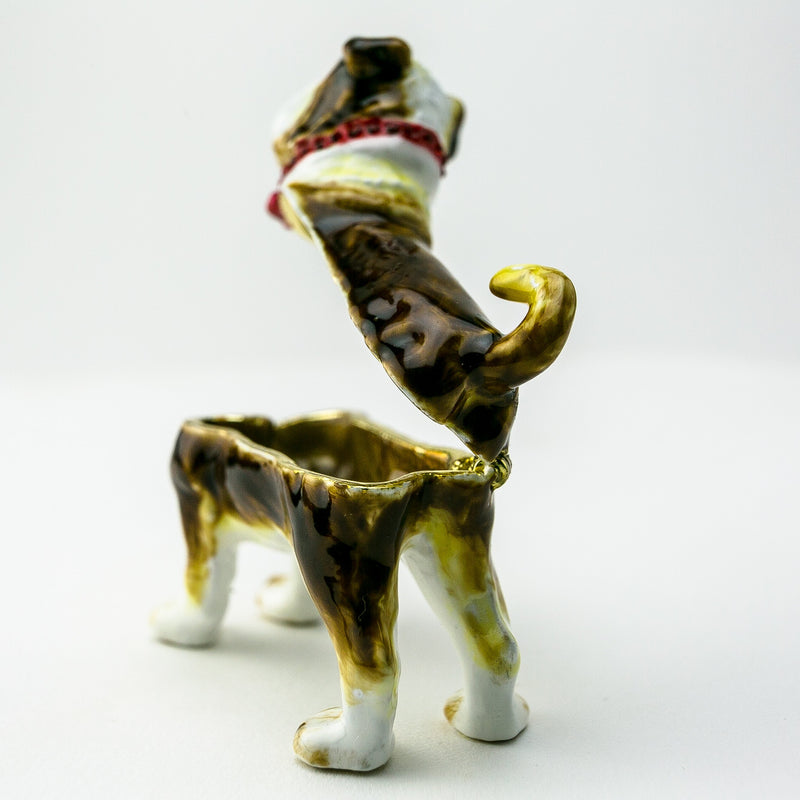 Side view of French Bulldog toy with top half open for trinket storage