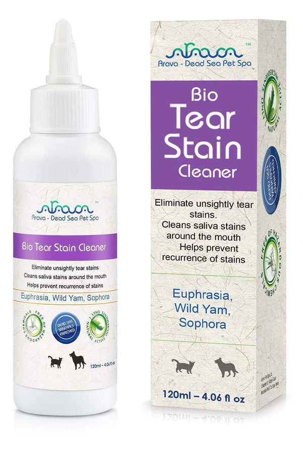 Bottle and packaging of Arava Bio Tear Stain Cleaner for dogs and cats, featuring natural ingredients like Euphrasia, Wild Yam, and Saponaria