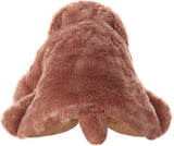 Top-down view of plush brown dog pillow showing full shape and limbs