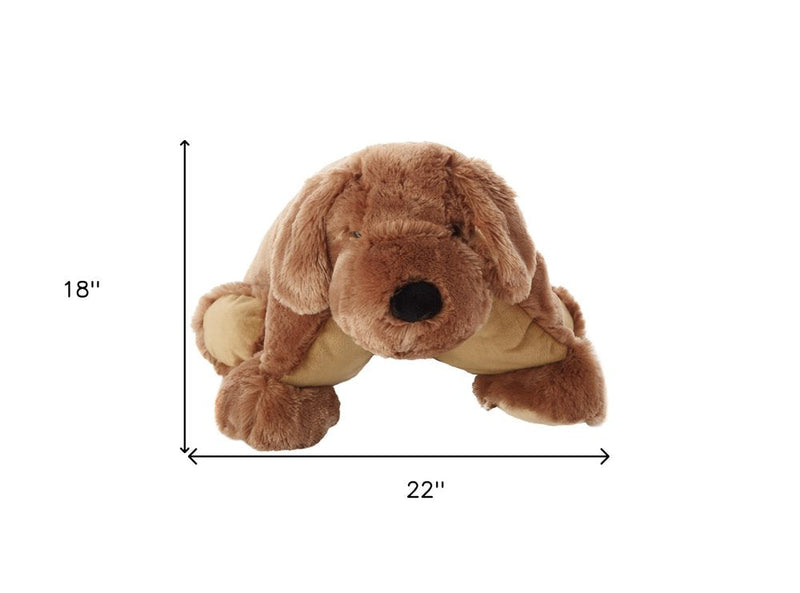 Back view of brown dog throw pillow with size dimensions shown