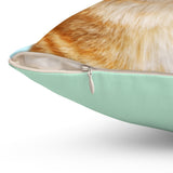 Close-up side view of zipper and cat fur design on humorous throw pillow