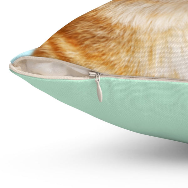 Close-up side view of zipper and cat fur design on humorous throw pillow