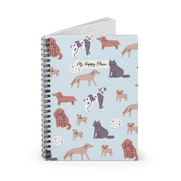 Spiral notebook with pastel blue cover featuring various illustrated dog breeds and text “My Happy Place”