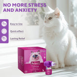 White cat next to Relaxiv box with feature points such as safe, drug-free, and veterinarian recommended