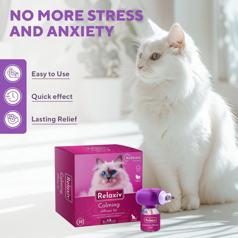 White cat next to Relaxiv box with feature points such as safe, drug-free, and veterinarian recommended