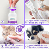 Steps showing how to apply tear stain cleaner to pet eyes using cotton pads with helpful visuals