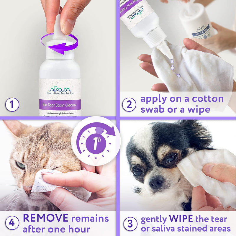 Steps showing how to apply tear stain cleaner to pet eyes using cotton pads with helpful visuals