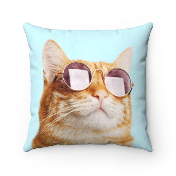 Funny cat pillow with orange tabby wearing sunglasses on a light blue background