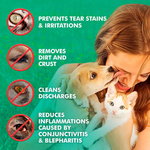List of benefits including tear stain prevention, crust removal, and soothing irritation next to a woman holding a dog