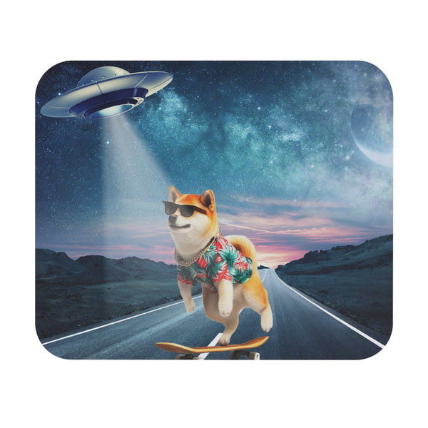 Funny mouse pad with dog in Hawaiian shirt under UFO beam on a road at night