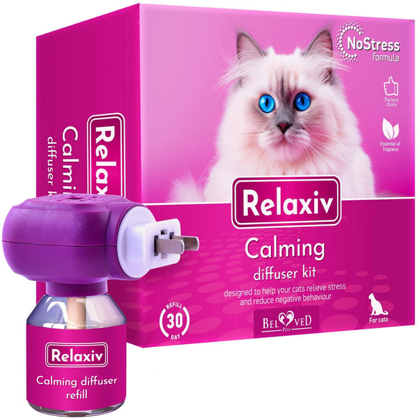 Relaxiv Natural Cat Calming Diffuser kit with pheromone refill and box in bright pink packaging