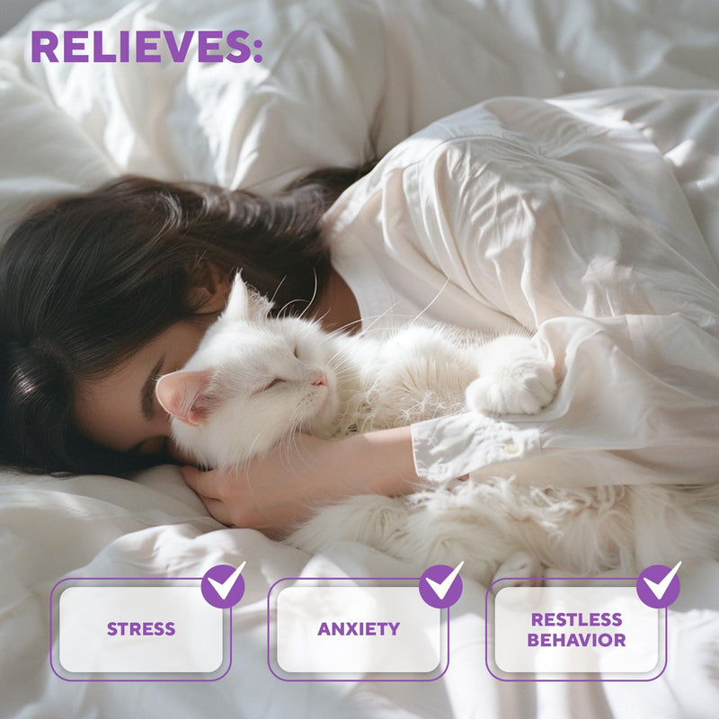 Cat peacefully cuddling with owner in bed, with Relaxiv diffuser benefits like sleep, stress relief, and calm behavior