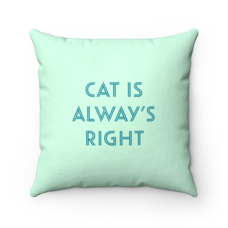 Mint green pillow back with bold text "CAT IS ALWAYS RIGHT