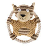 Close-up of raccoon-themed circular plush dog toy with rope limbs