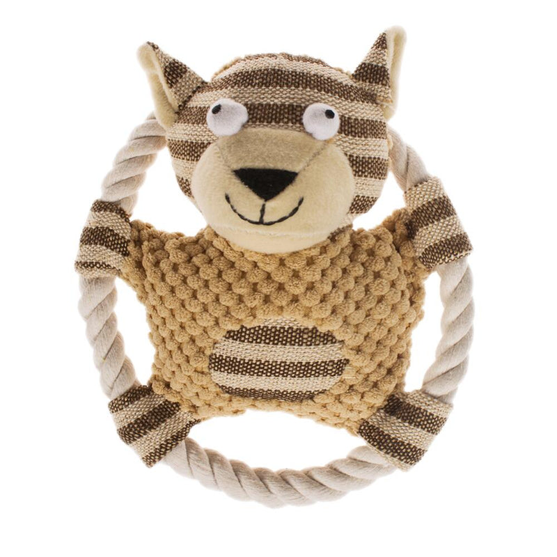 Close-up of raccoon-themed circular plush dog toy with rope limbs