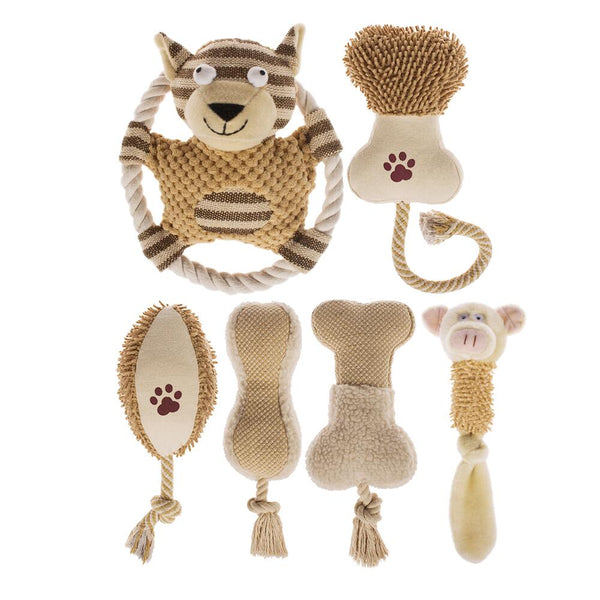 Set of 6 mini plush dog toys including bone, monkey, raccoon, and rope styles