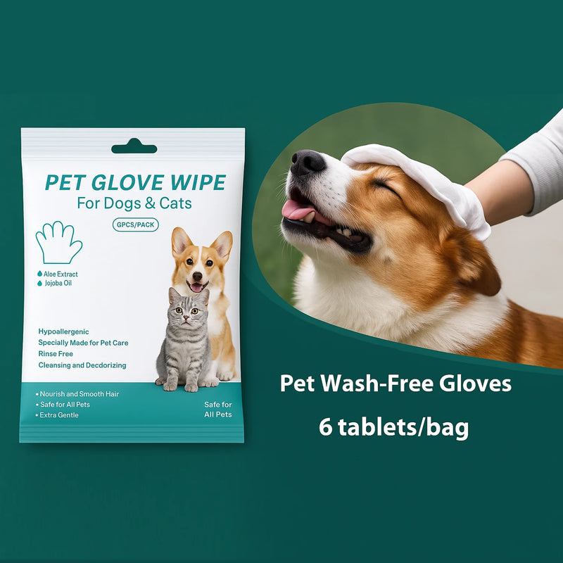 Person using a pet glove wipe to clean a dog’s face with product packaging visible