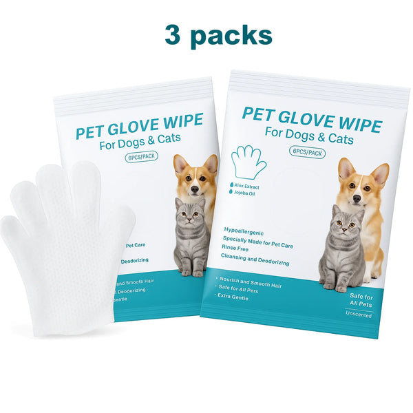 Three packs of pet glove wipes for dogs and cats, shown with sample gloves on the side