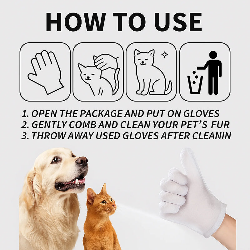 Illustrated step-by-step guide showing how to wear the glove and clean pets easily