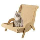 Grey cat sitting on a pet-friendly wooden lounge chair with sisal surface