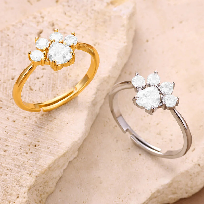 Paw Print Zircon Ring – Sterling Silver Pet Lover Jewelry, Size 7