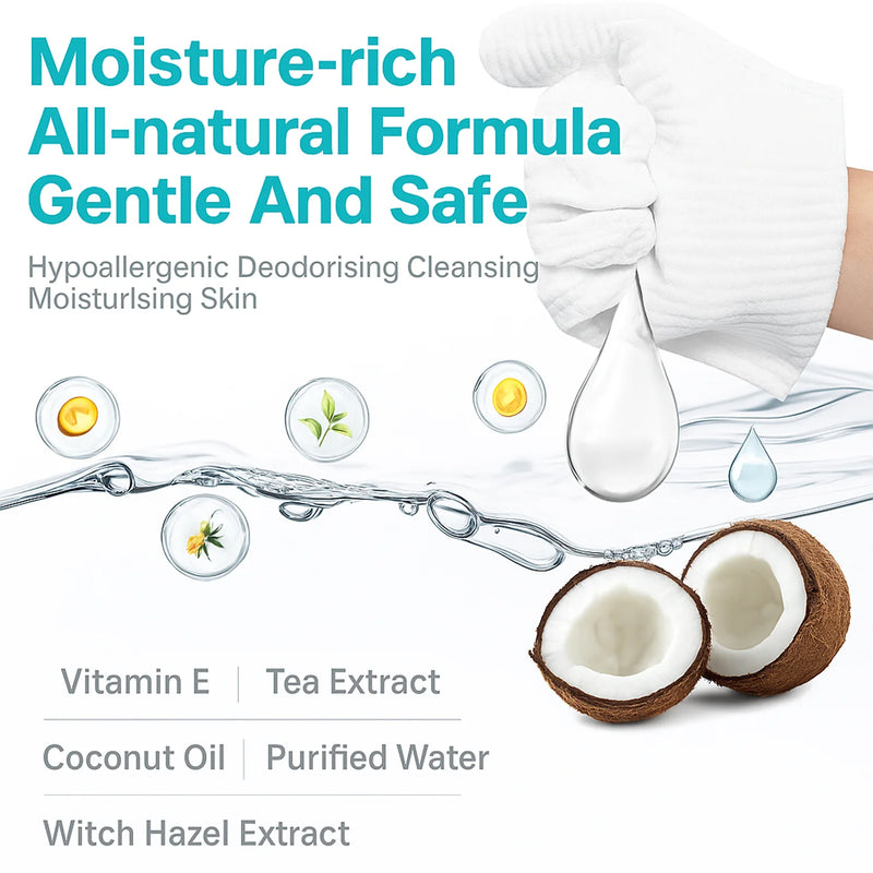 Infographic highlighting moisture-rich, all-natural formula including coconut oil and tea extract