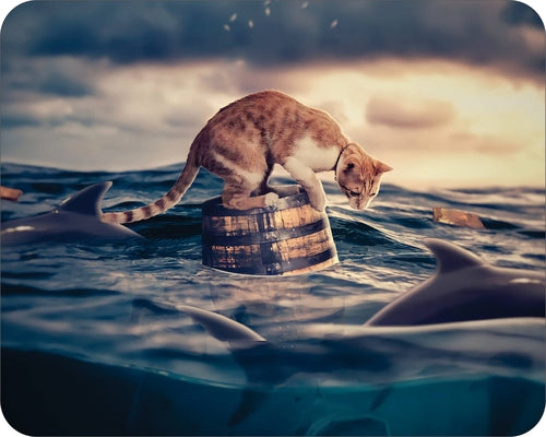 Close-up of humorous cat and shark ocean scene on mouse pad for cat lovers