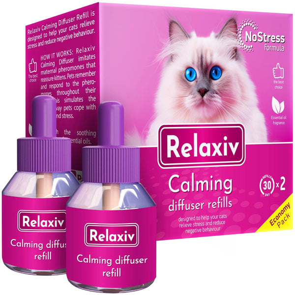 Relaxiv Calming Diffuser Refill pack for cats with purple packaging and two refill bottles