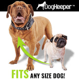 DogKeeper leash holder shown with large and small dogs, labeled as suitable for any size dog