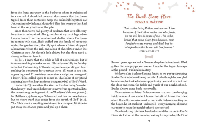 First devotion page with story text and paw print decorations