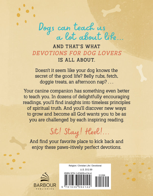 Back cover of the devotional book featuring summary text and barcode, with paw print illustrations