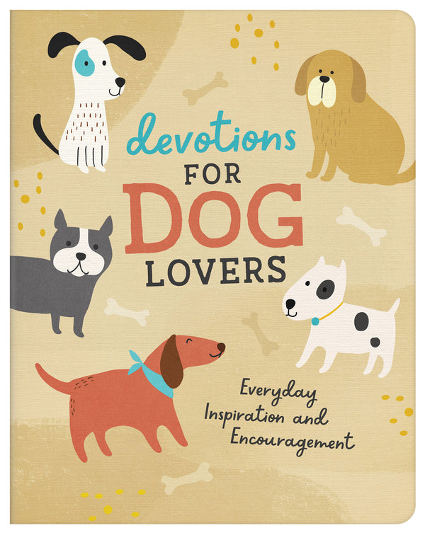 Illustrated book cover titled “Devotions for Dog Lovers – Everyday Inspiration and Encouragement” with cartoon dogs on a tan background