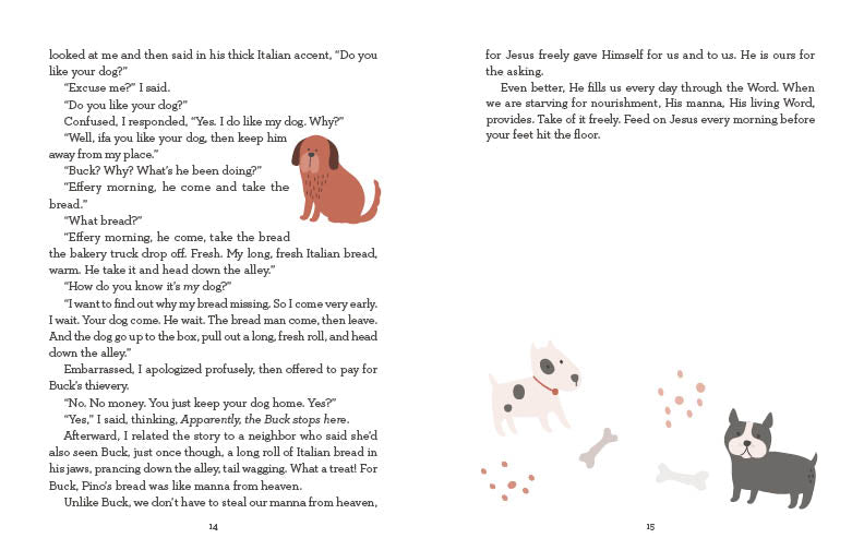 Second devotion page with inspirational content and red paw design