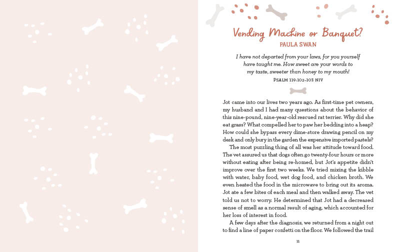 Decorative intro page with white dog and bone icons on a pale pink background