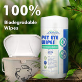 Arava Pet Eye Wipes container with natural background and label highlighting 100% biodegradable formula