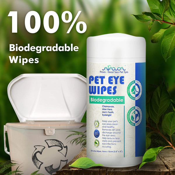 Arava Pet Eye Wipes container with natural background and label highlighting 100% biodegradable formula
